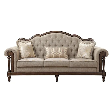 Traditional Upholstered Sofa with Wood Accents