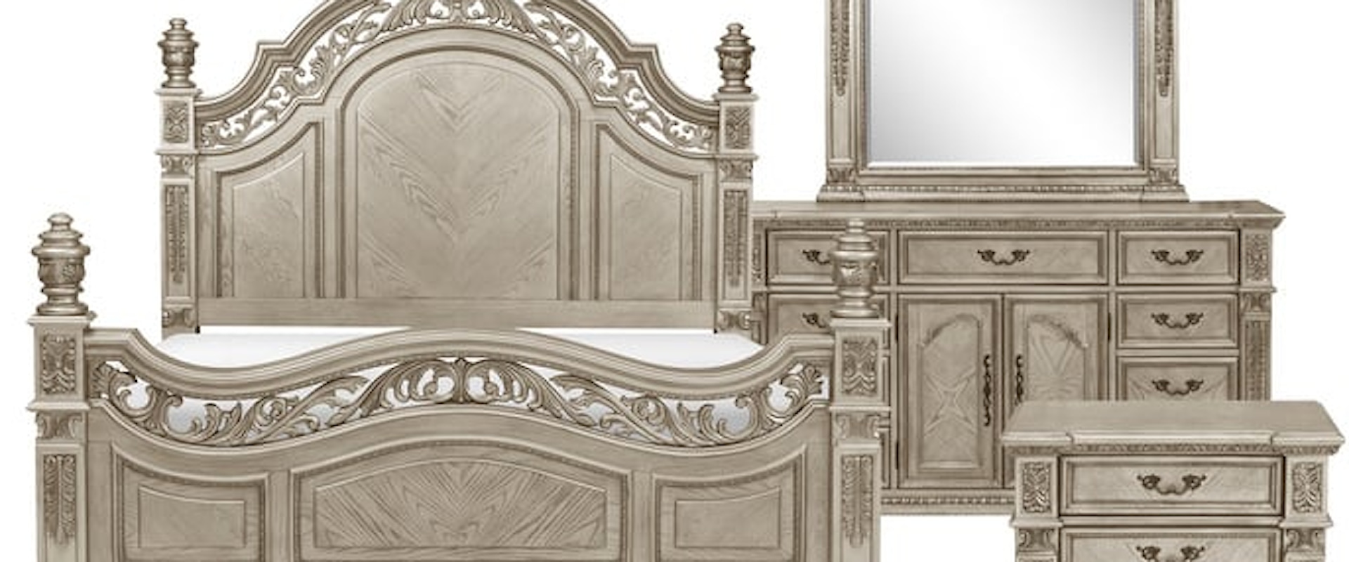 Traditional 4-Piece Queen Bedroom Set with Extravagant Carvings and Poster Bed