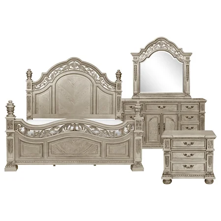 Traditional 4-Piece Queen Bedroom Set with Extravagant Carvings and Poster Bed