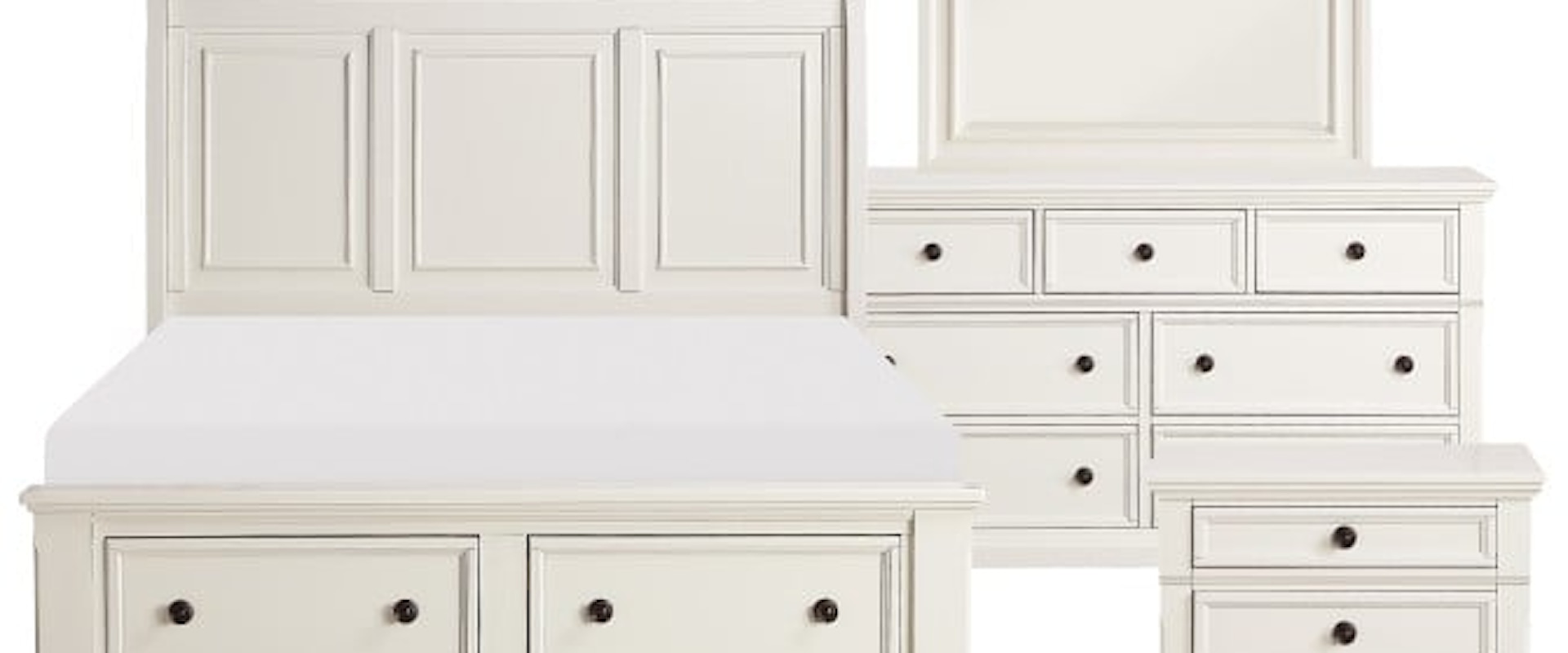 Transitional 4-Piece Queen Bedroom Set with Sleigh Headboard and Footboard Storage