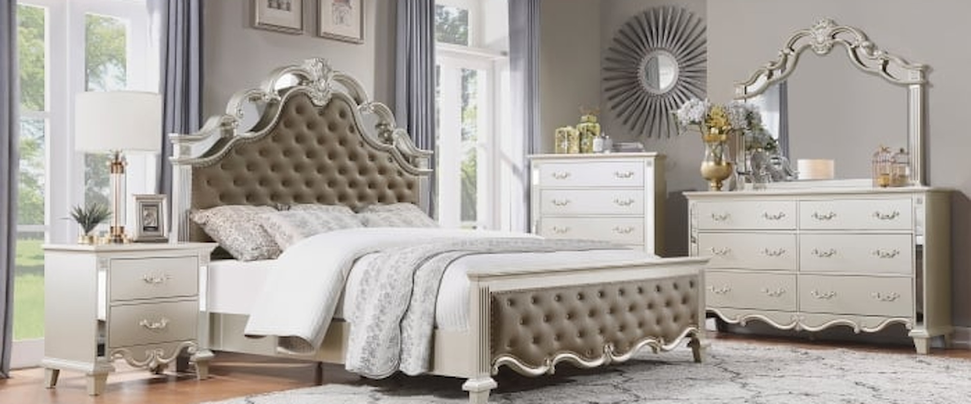 Glam 4-Piece Queen Bedroom Set with Scrollwork Detailing