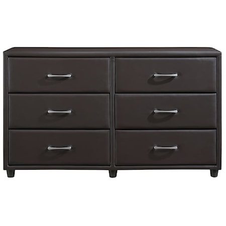 Contemporary 6-Drawer Upholstered Dresser with Silver Tone Bar Pulls