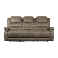 Transitional Double Reclining Sofa with Center Drop-Down Cup Holders and USB Ports