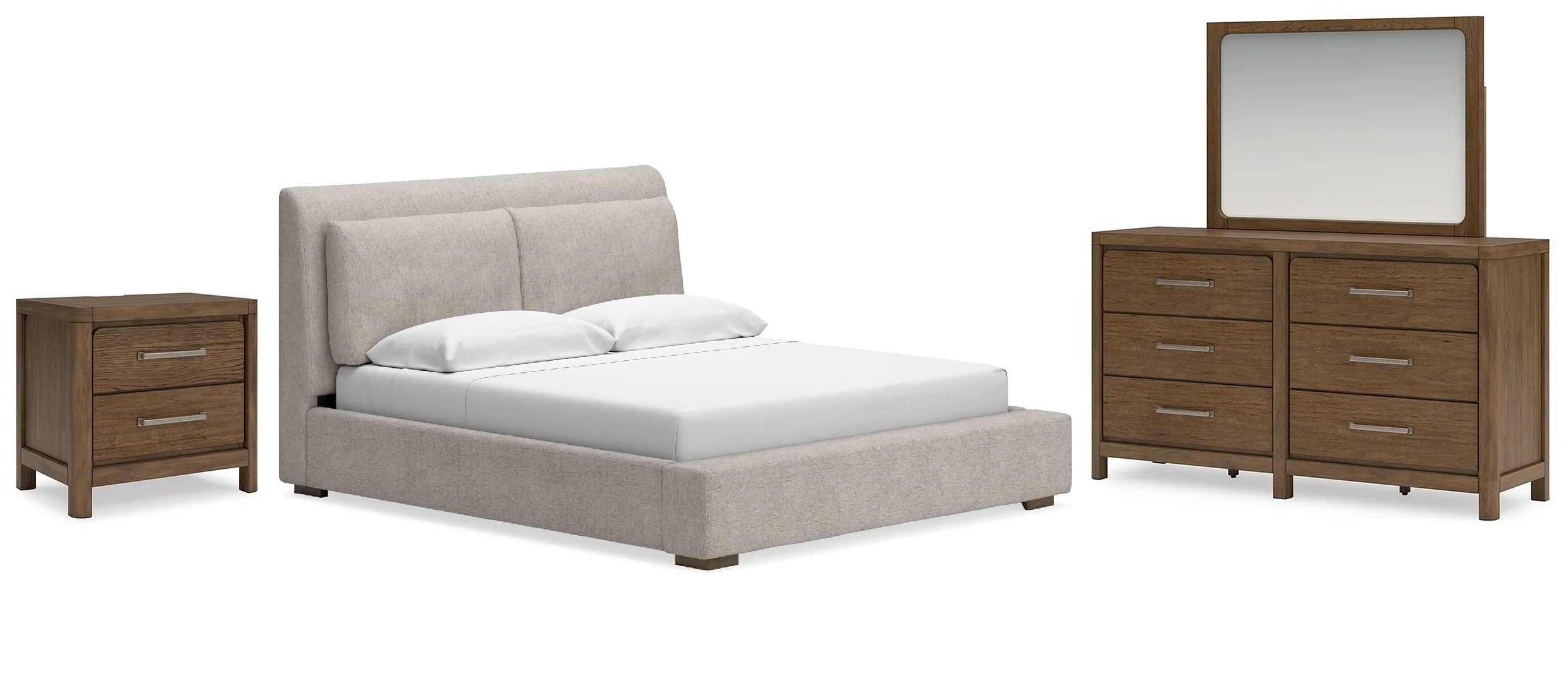 Queen Upholstered Bed, Dresser, Mirror And N