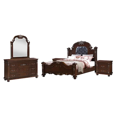 4pc East King Bed Dresser Mirror and 1 Nightstand