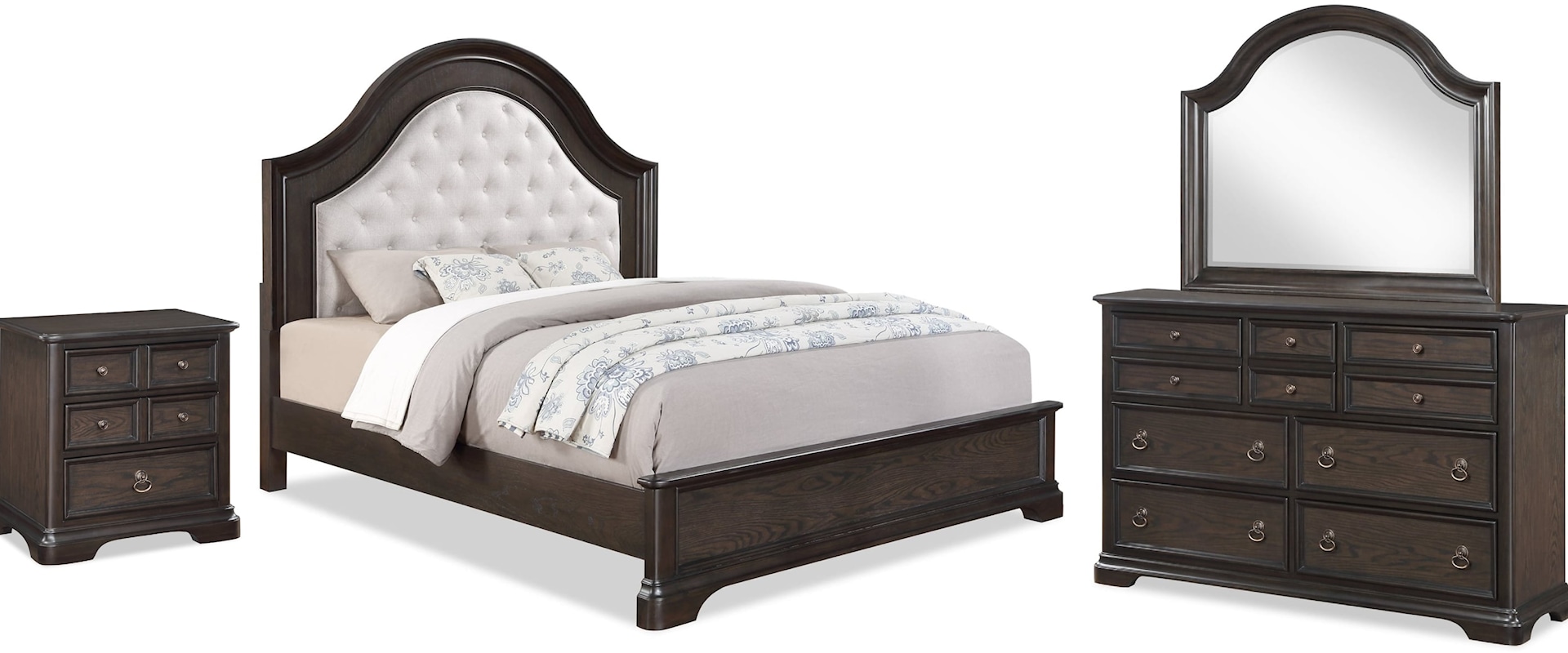 East King Bed Dresser Mirror and 1 Nightstand