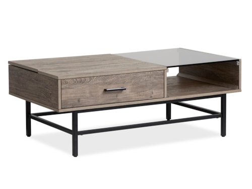 Contemporary 1-Drawer Rectangular Lift-Top Cocktail Table with Smoked Glass