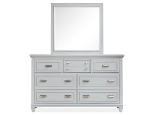 Contemporary 7-Drawer Dresser  and Mirror Set with Felt-Lined Top Drawers