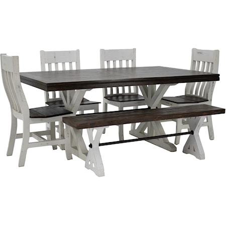 Warehouse Dining Table, 4 Chairs & Bench