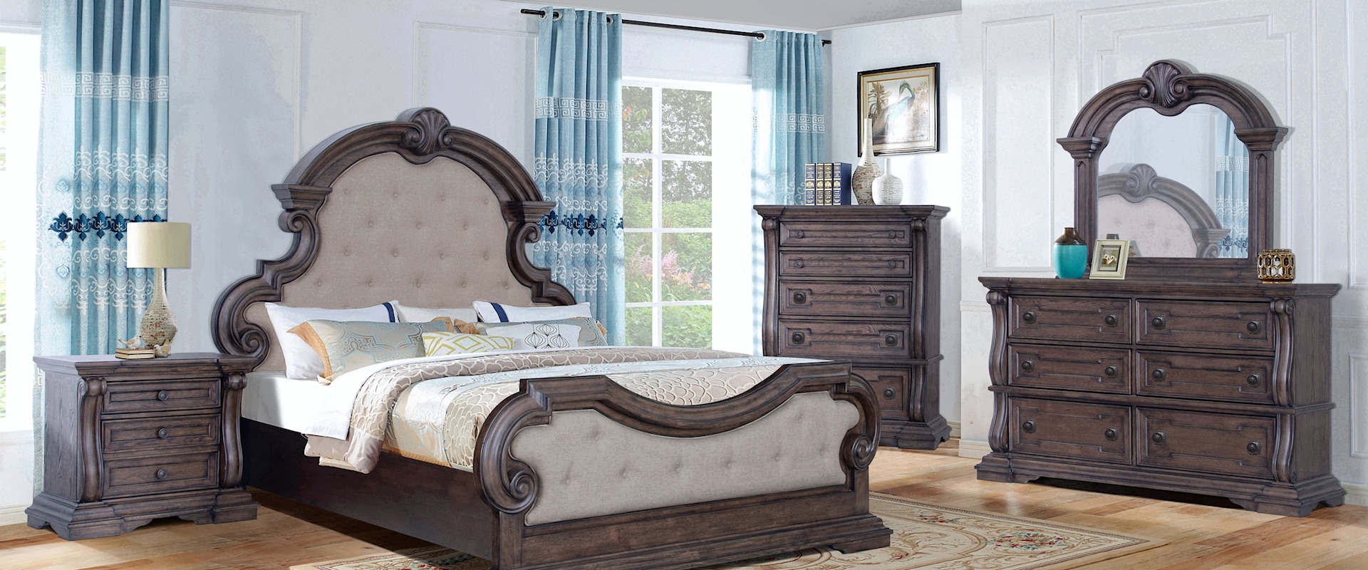 Queen 7-PC Group including Dresser, Crown Mirror and Complete Queen Bed Headboard, Footboard and Rails with BONUS 2 Nightstands