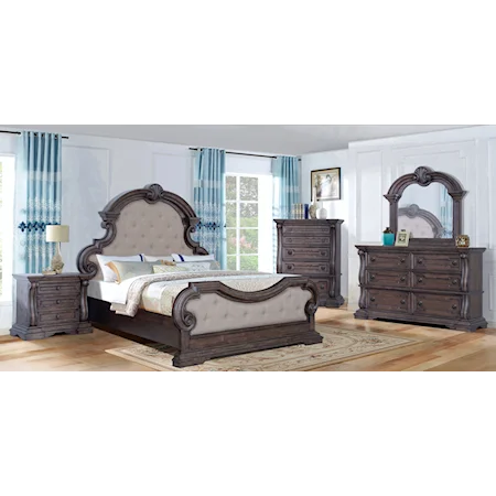 Queen 7-PC Group including Dresser, Crown Mirror and Complete Queen Bed Headboard, Footboard and Rails with BONUS 2 Nightstands