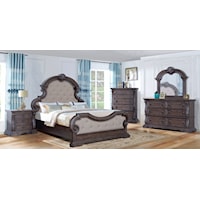 Queen 7-PC Group including Dresser, Crown Mirror and Complete Queen Bed Headboard, Footboard and Rails with BONUS 2 Nightstands