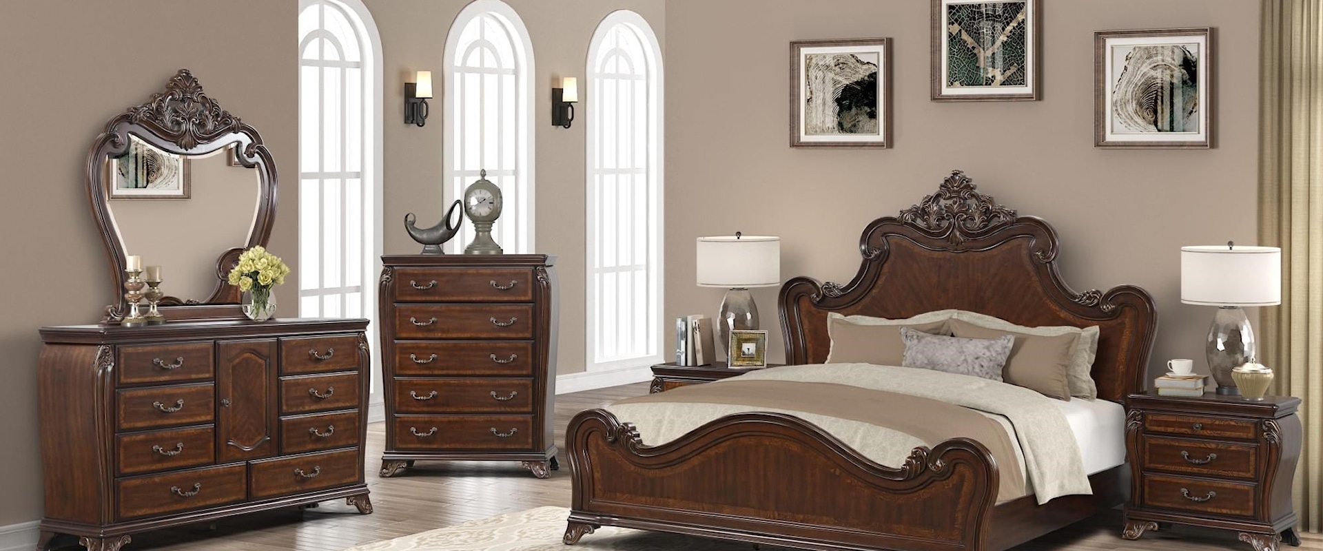 King Bed, Dresser, Mirror, Chest & Nightstand