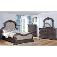 Queen 5-PC Group including Dresser, Crown Mirror and Complete Queen Bed Headboard, Footboard and Rails