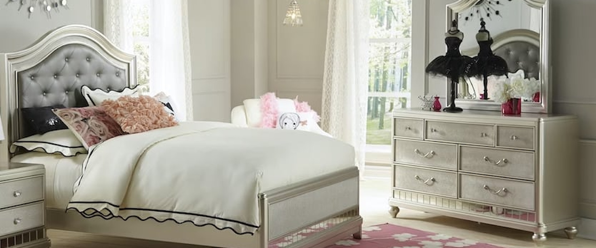 Full 7-PC Bedroom Group Including Dresser, Mirror, Full Headboard, Footboard and Rails with Slats, Bonus Anne Mattress Set