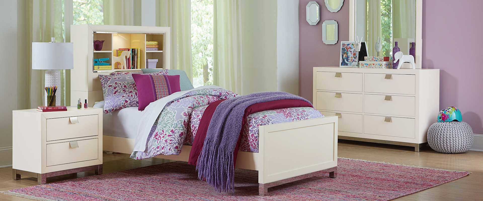 Twin Storage 7-Pc Bedroom Group with Dresser, Mirror, Chest, Nightstand and Full Bed with Bookcase Headboard and Storage Footboard