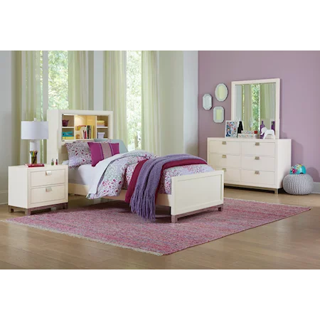 Twin Storage 7-Pc Bedroom Group with Dresser, Mirror, Chest, Nightstand and Full Bed with Bookcase Headboard and Storage Footboard