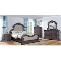 King 7-PC Group including Dresser, Crown Mirror and Complete Bed Headboard, Footboard and Rails with BONUS 2 Nightstands