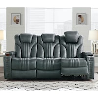 Contemporary Dual Power Recliner Sofa with Drop Down Table, LED Lighting, USB Charging & Storage in Steamboat Gunmetal