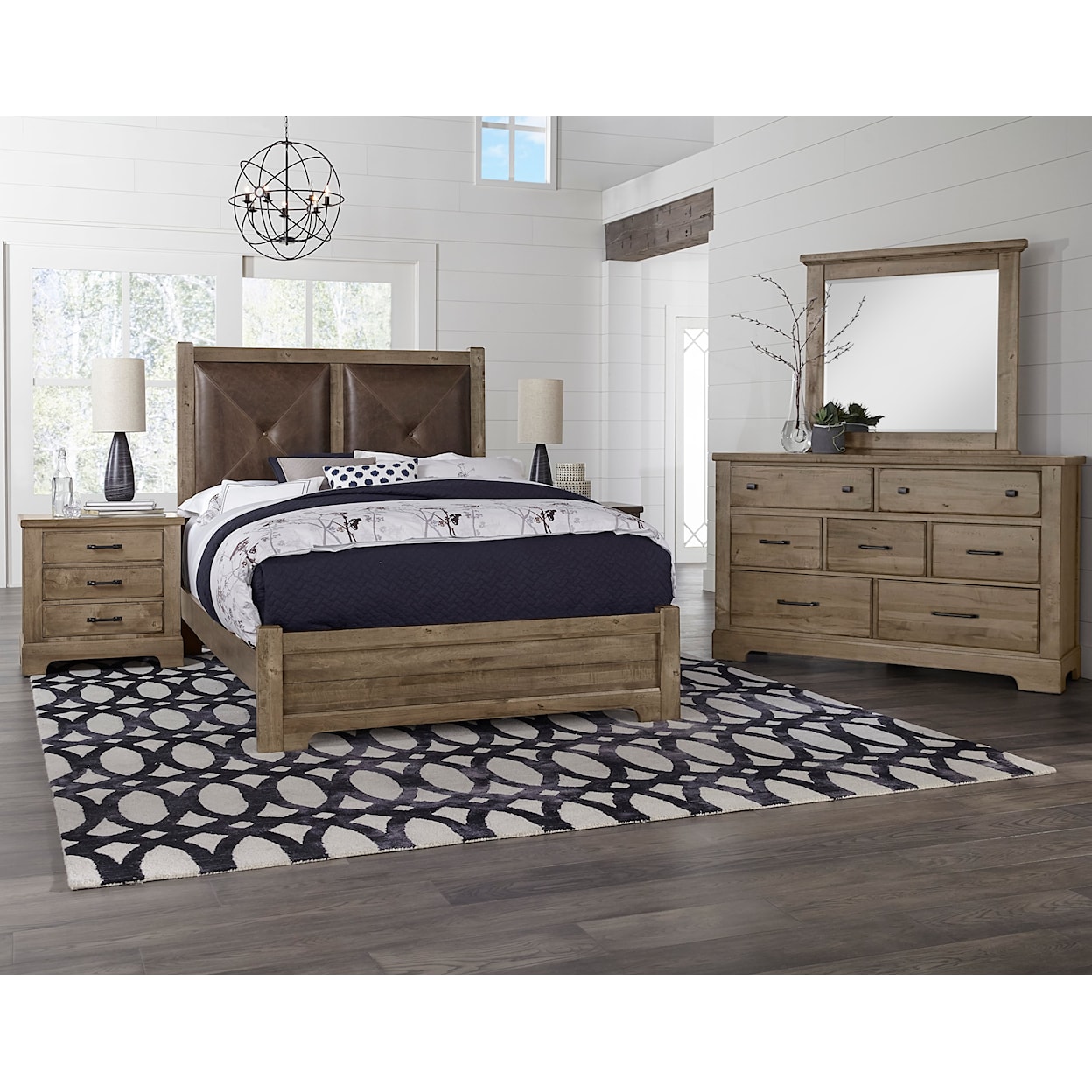 Vaughan Bassett Cool Rustic Queen Panel Bed with Leather Headboard
