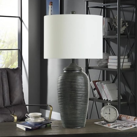 Matte Black Polyresin Rippled Table Lamp