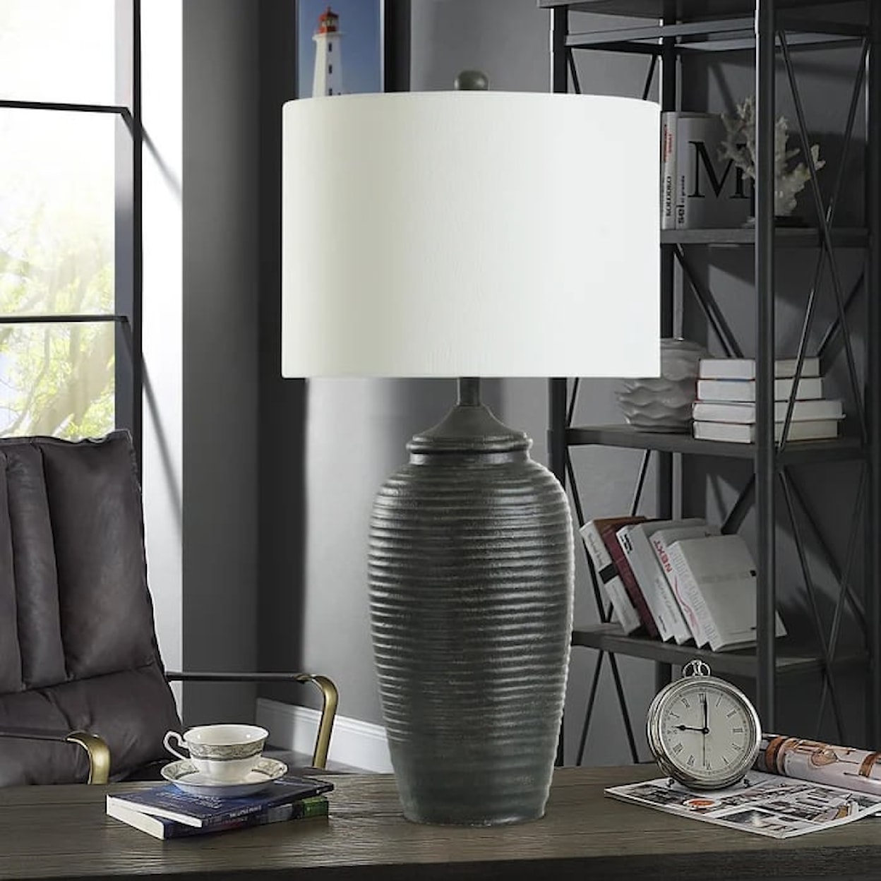 StyleCraft Accessories Matte Black Polyresin Rippled Table Lamp