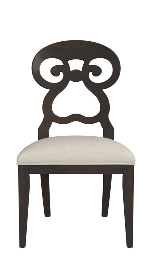Transitional Scrolled Back Dining Chair with Upholstered Seat