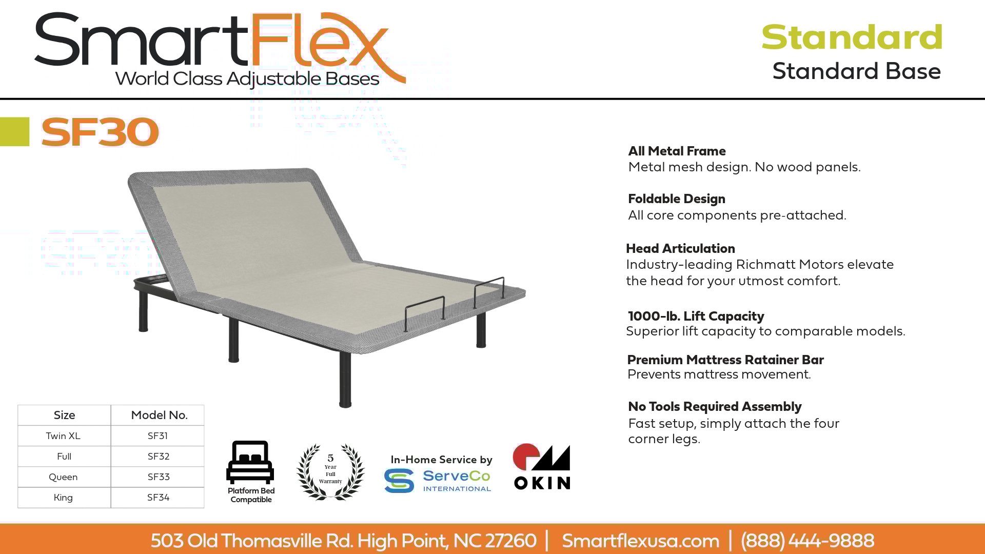 SmartFlex SmartFlex SF 30 Adjustable Base SF31 TWIN XL Adjustable Base