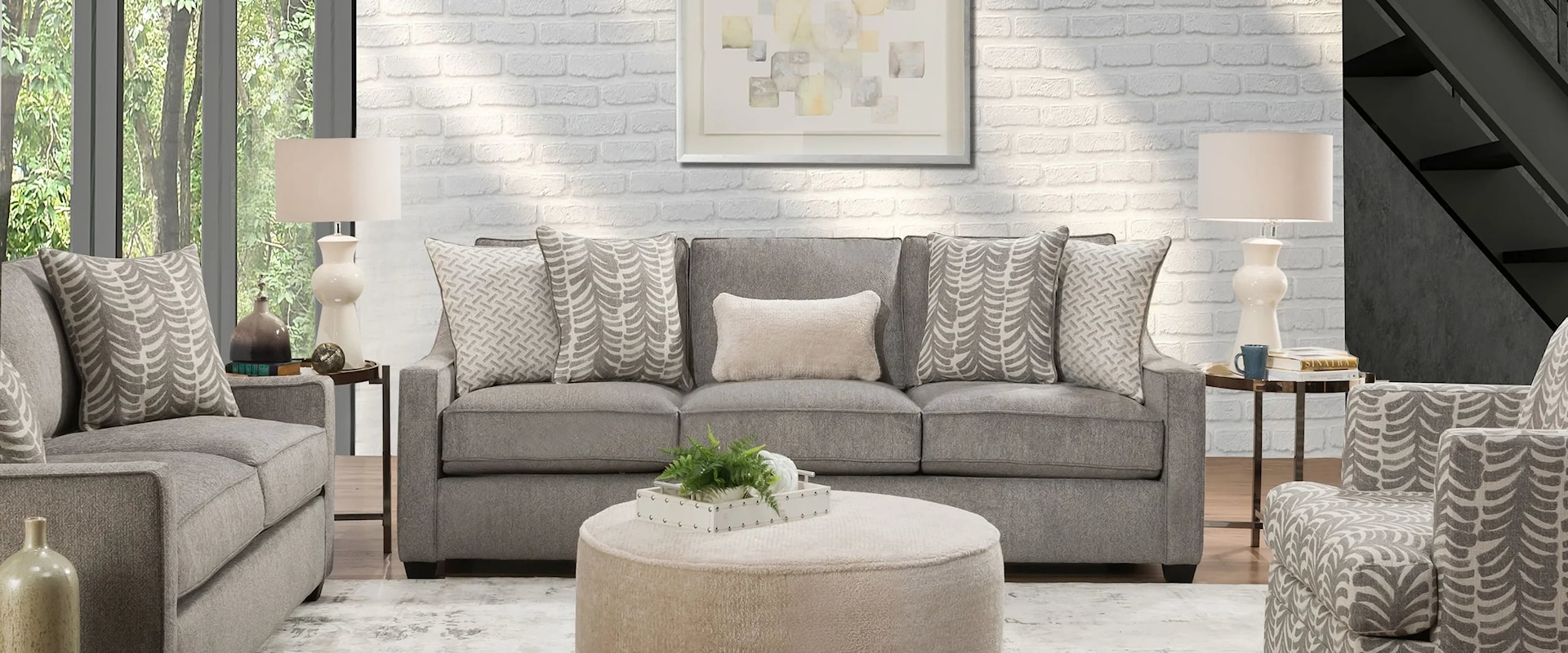 4 Piece Living Room Group w/ Sofa, Loveseat, Swivel Chair & Accent Ottoman