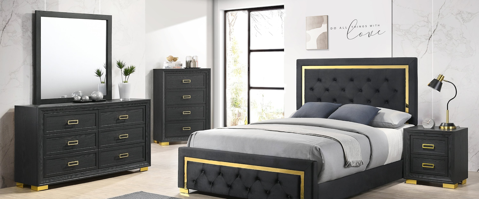 LE'PEW BLACK AND GOLD 4 PIECE QUEEN | BEDROOM SET