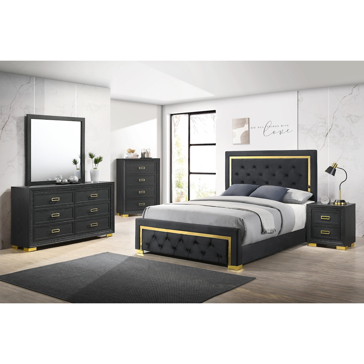 Crown Mark Le'Pew LE'PEW BLACK AND GOLD 4 PIECE QUEEN | BEDROO