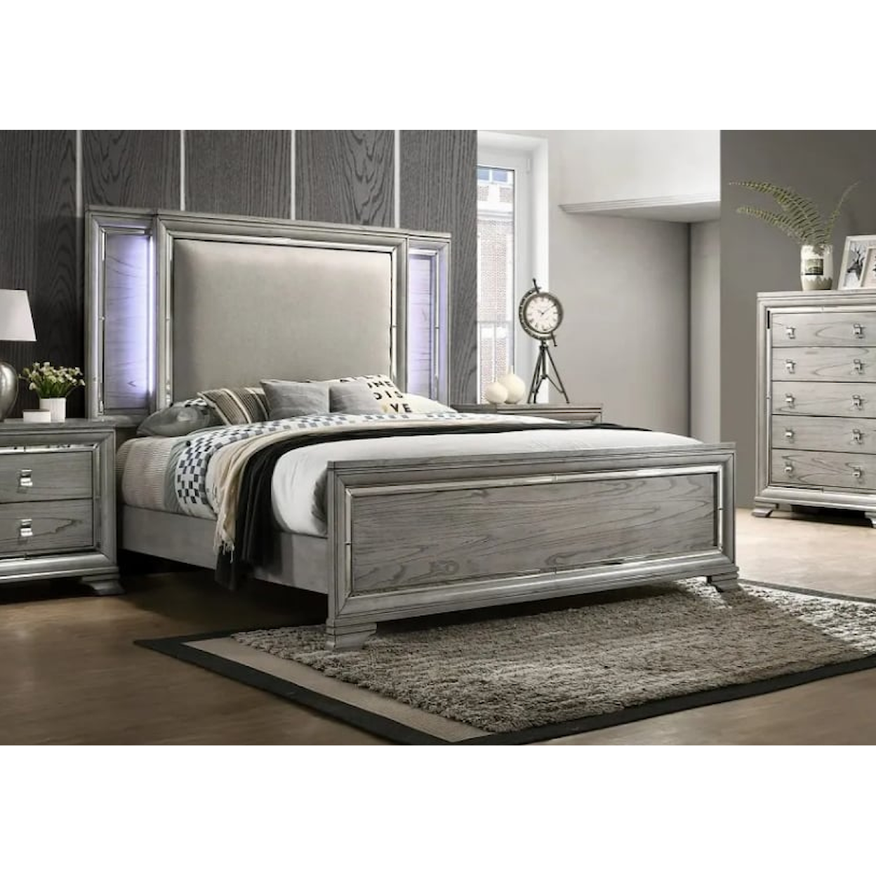 Furniture World Distributors Veneer LED VENEER LIGHT GREY LED KING BED |