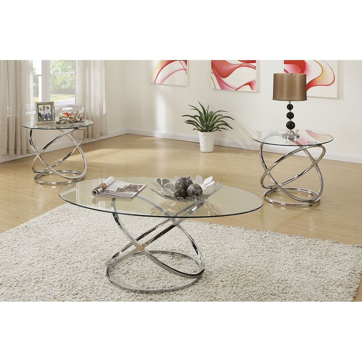 Poundex Occasional Tables GLASS & CHROME 3 PC OCCASIONAL SET |