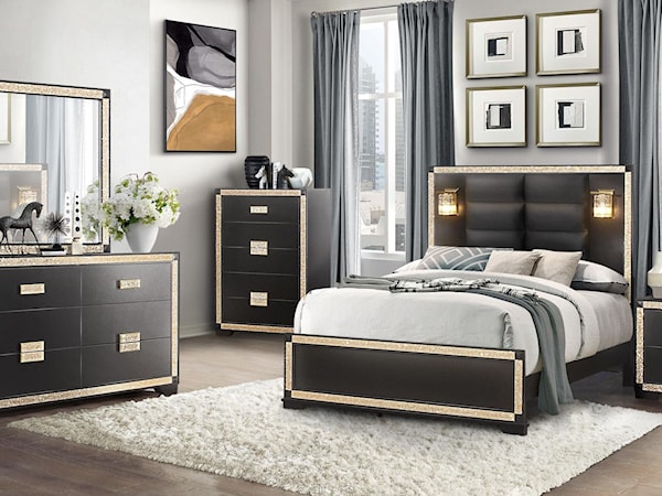 RIVERA BLACK AND GOLD 4 PIECE QUEEN | BEDROO