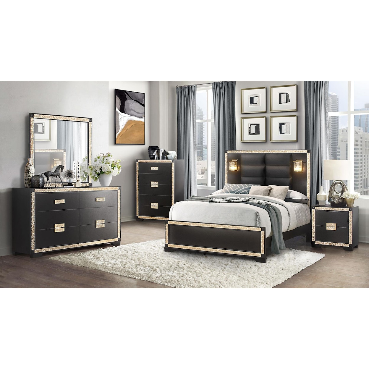 Global Furniture Rivera RIVERA BLACK AND GOLD 4 PIECE QUEEN | BEDROO