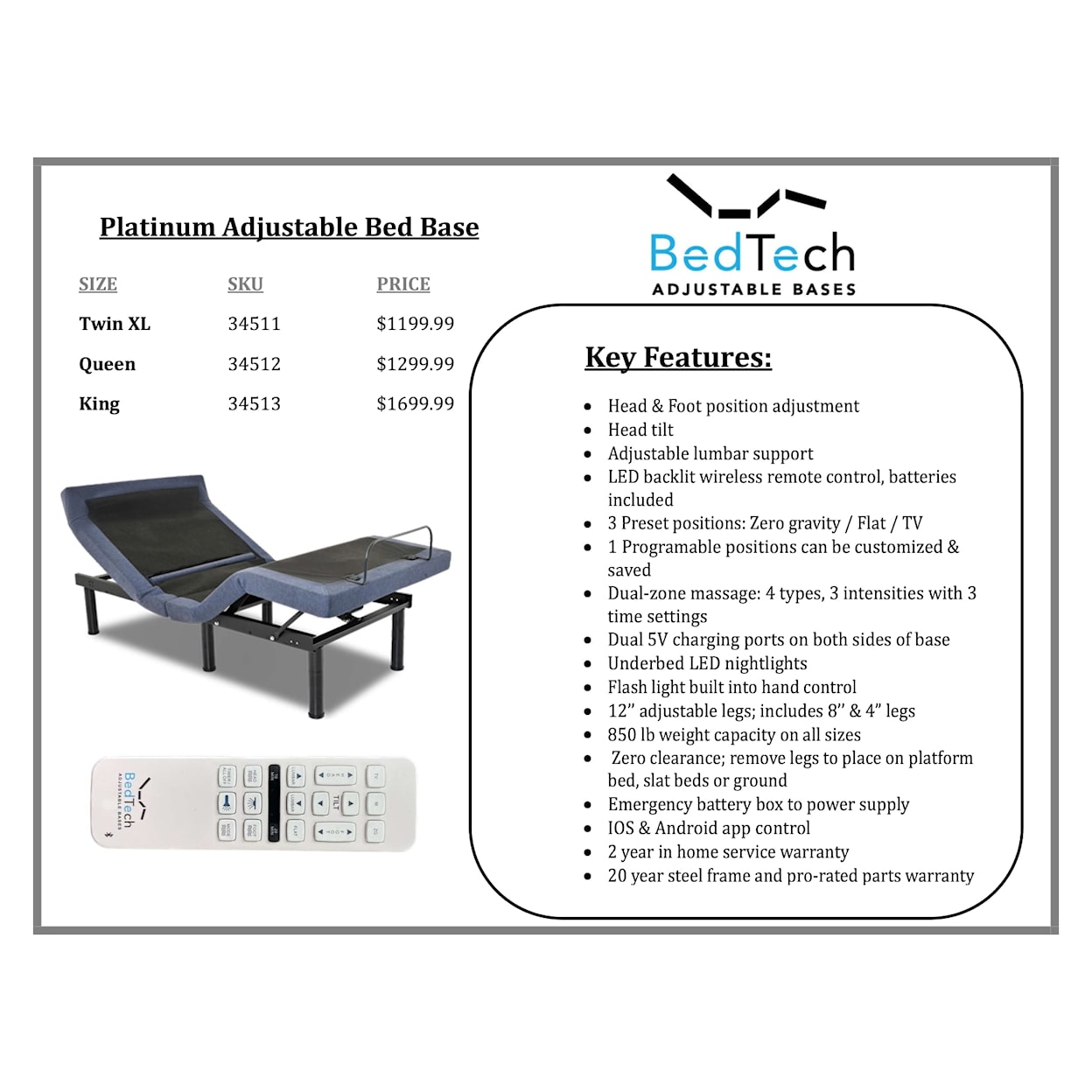 BedTech Platinum PLATINUM TWIN XL ADJUSTABLE BED | BASE