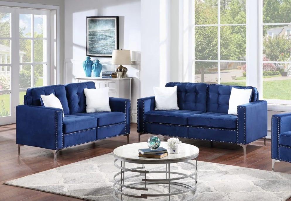 VELVET BLUE SOFA &amp; LOVESEAT |