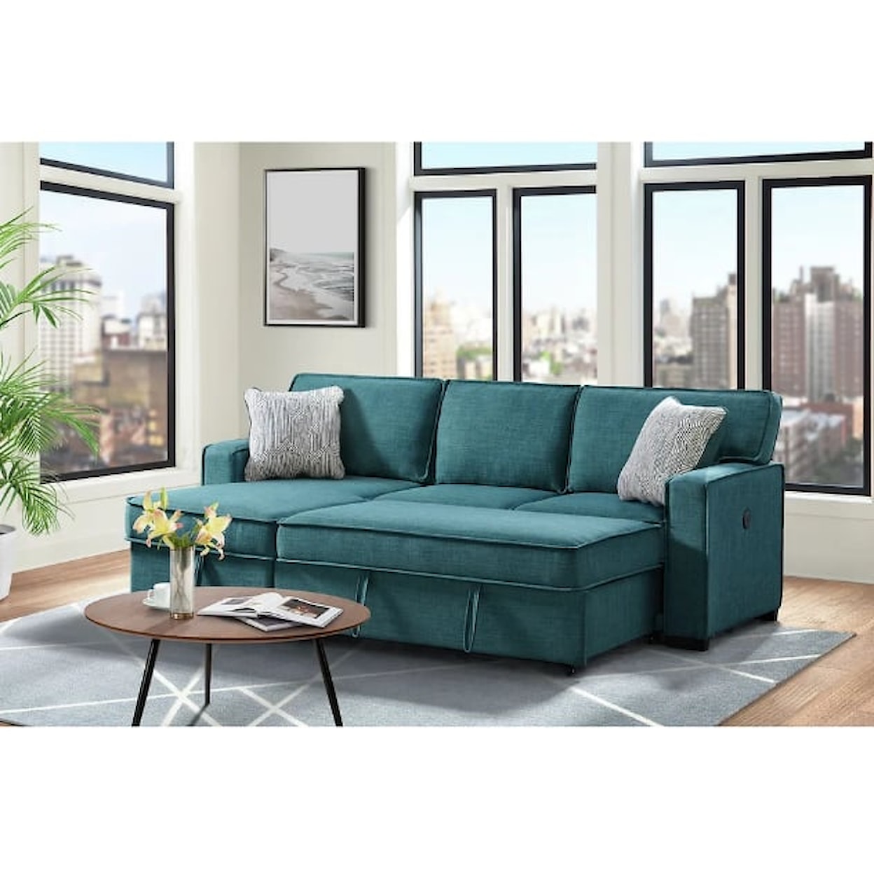 Elements International Venzy VENZY TEAL SOFA CHAISE WITH PULL | OUT BED