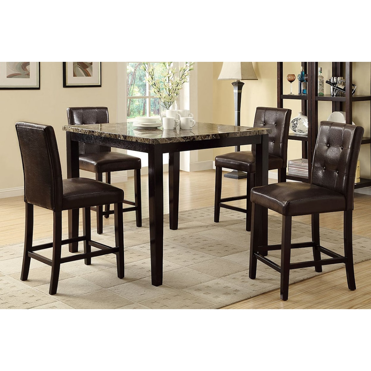 Poundex Brown Marble Top 5 Pc Pub Set BROWN MARBLE TOP PUB TABLE |