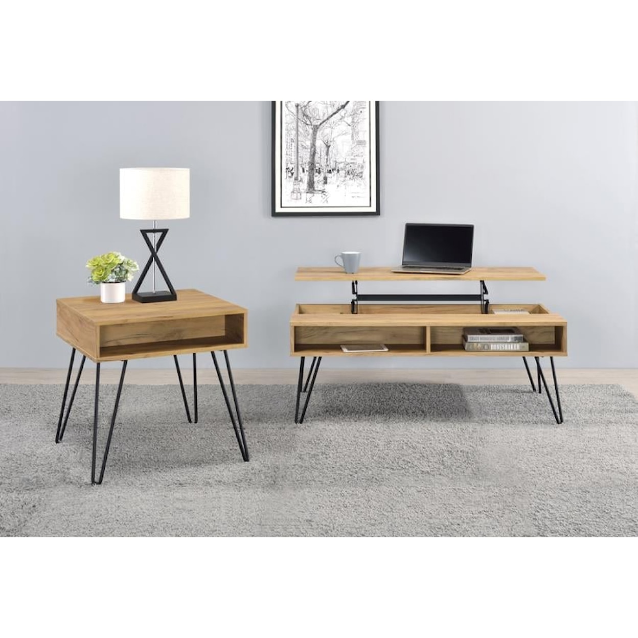 Coaster 7233 GOLDEN OAK AND BLACK LIFT COFFEE | TABLE