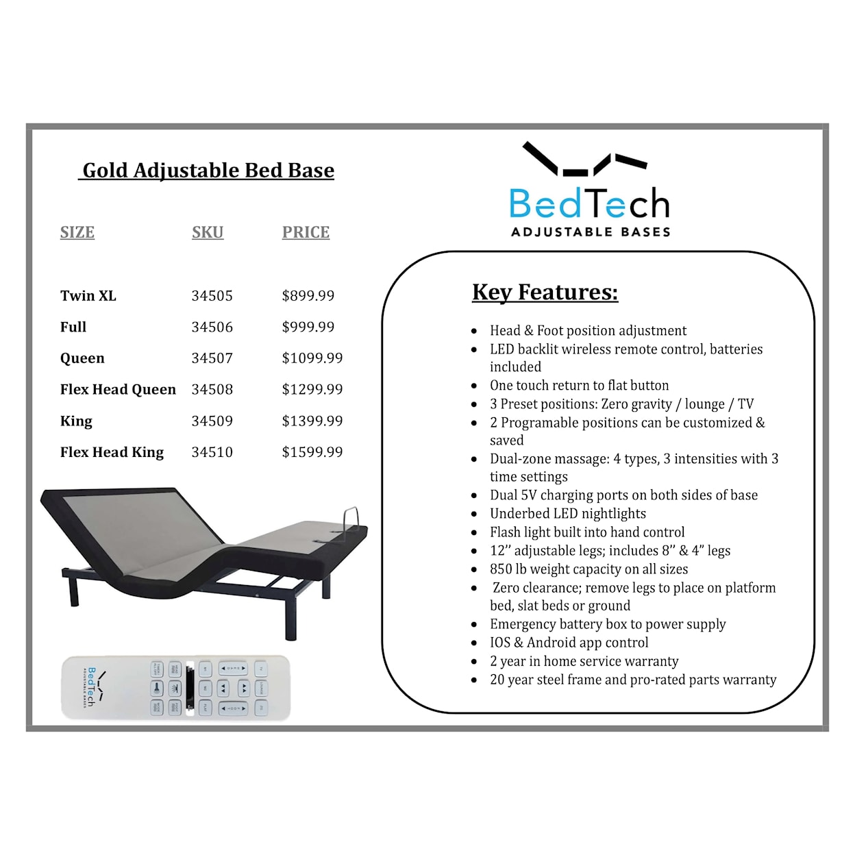 BedTech Gold GOLD TWIN XL ADJUSTABLE BED BASE |