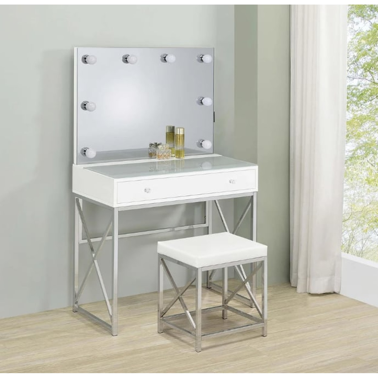 Coaster White and Chrome Vanity Set WHITE AND CHROME VANITY SET WITH | STOOL AND