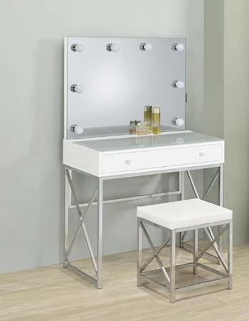 WHITE AND CHROME VANITY SET WITH | STOOL AND