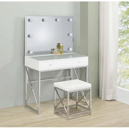 WHITE AND CHROME VANITY SET WITH | STOOL AND LIGHTS
