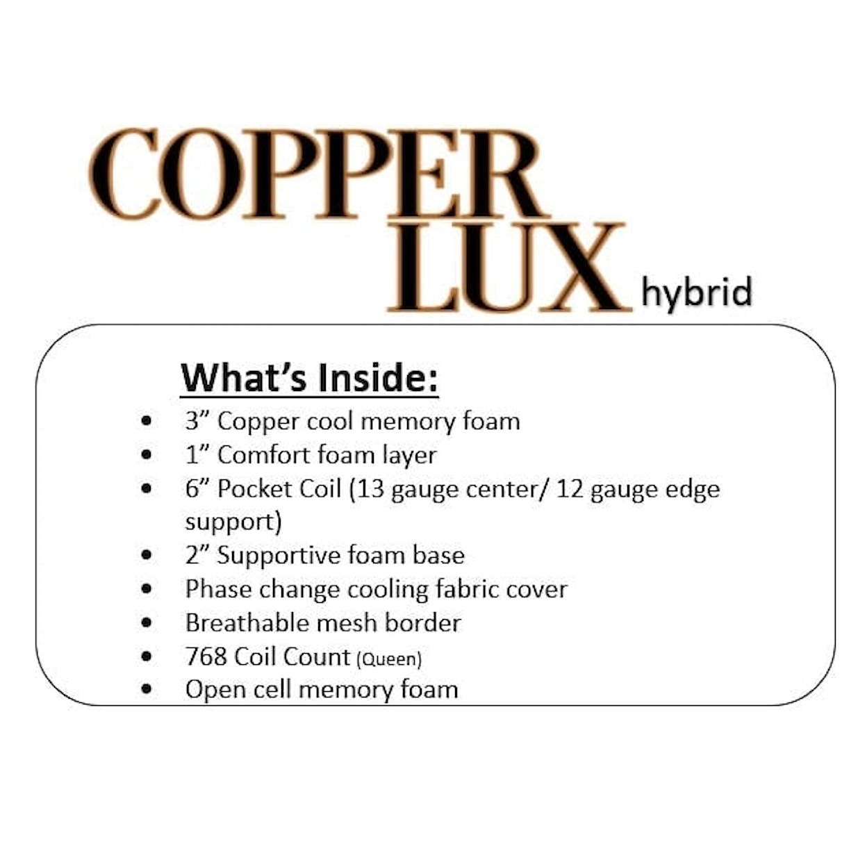 BedTech Copper Lux Hybrid 12" 12" COPPER LUX HYBRID QUEEN SPLIT | HEAD MAT
