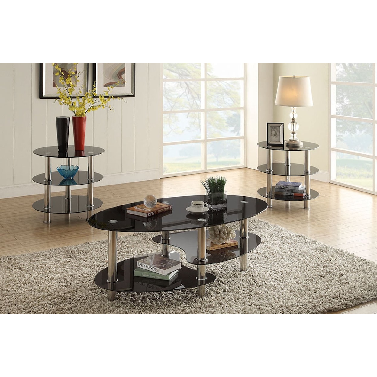 Poundex Occasional Tables BLACK & GLASS 3 PC OCCASIONAL SET |