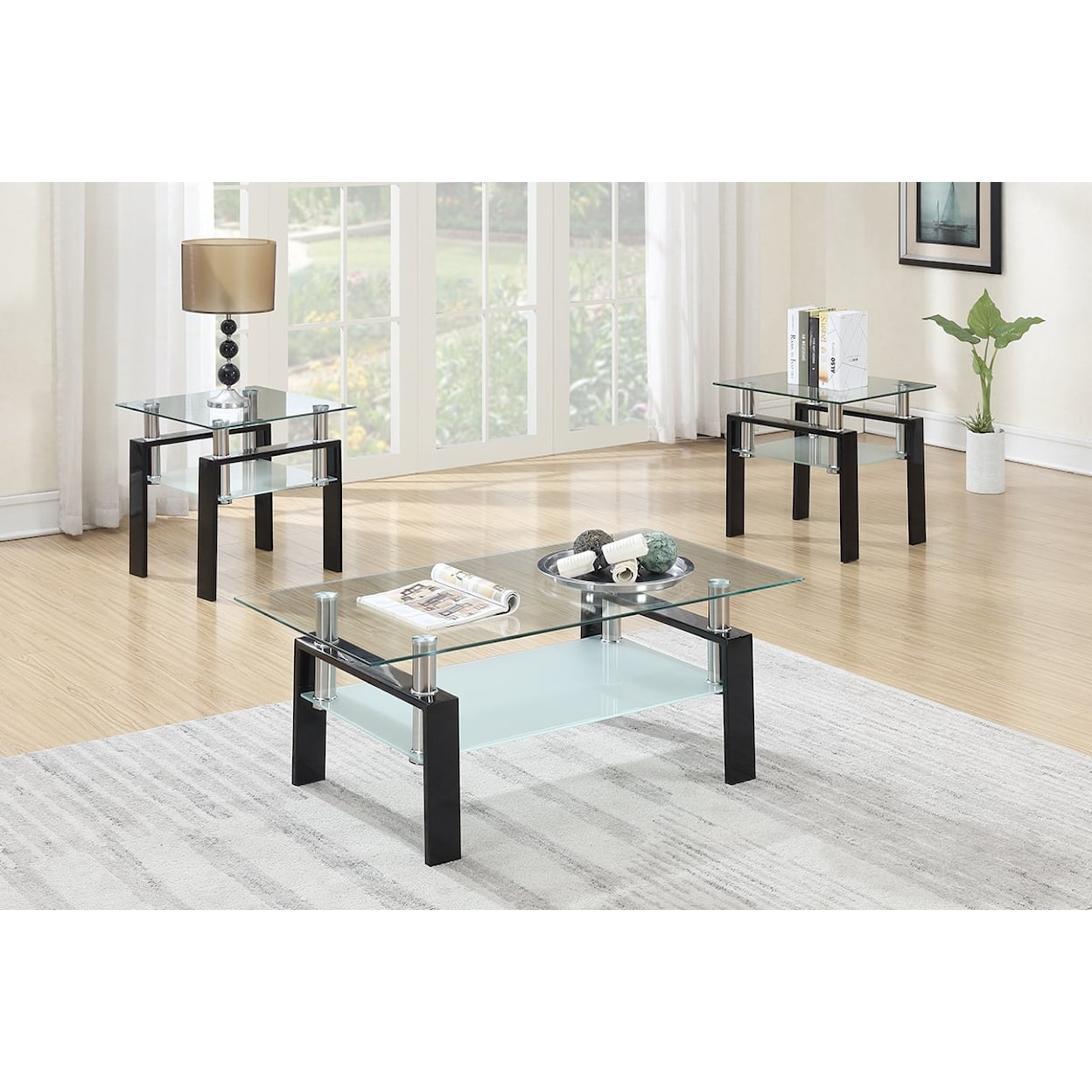 Poundex Occasional Tables 3 PC OCCASIONAL SET BLACK & GLASS |