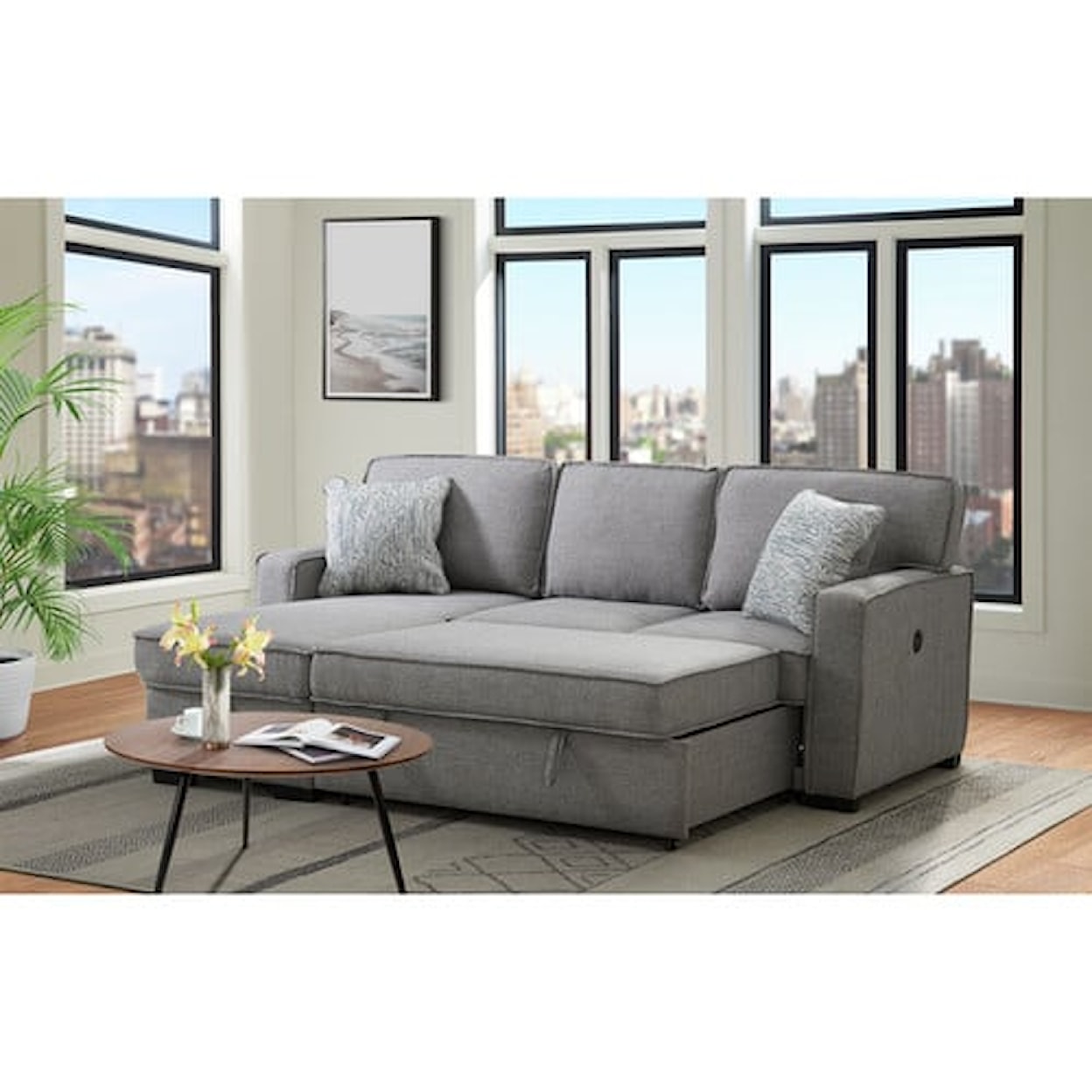 Elements International Venzy VENZY GREY SOFA CHAISE WITH PULL | OUT BED