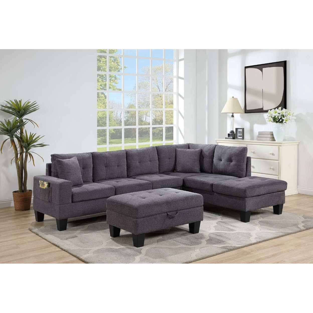 Lilola Home Jaycee JAYCEE DARK GREY REVERSABLE SOFA | CHAISE WI