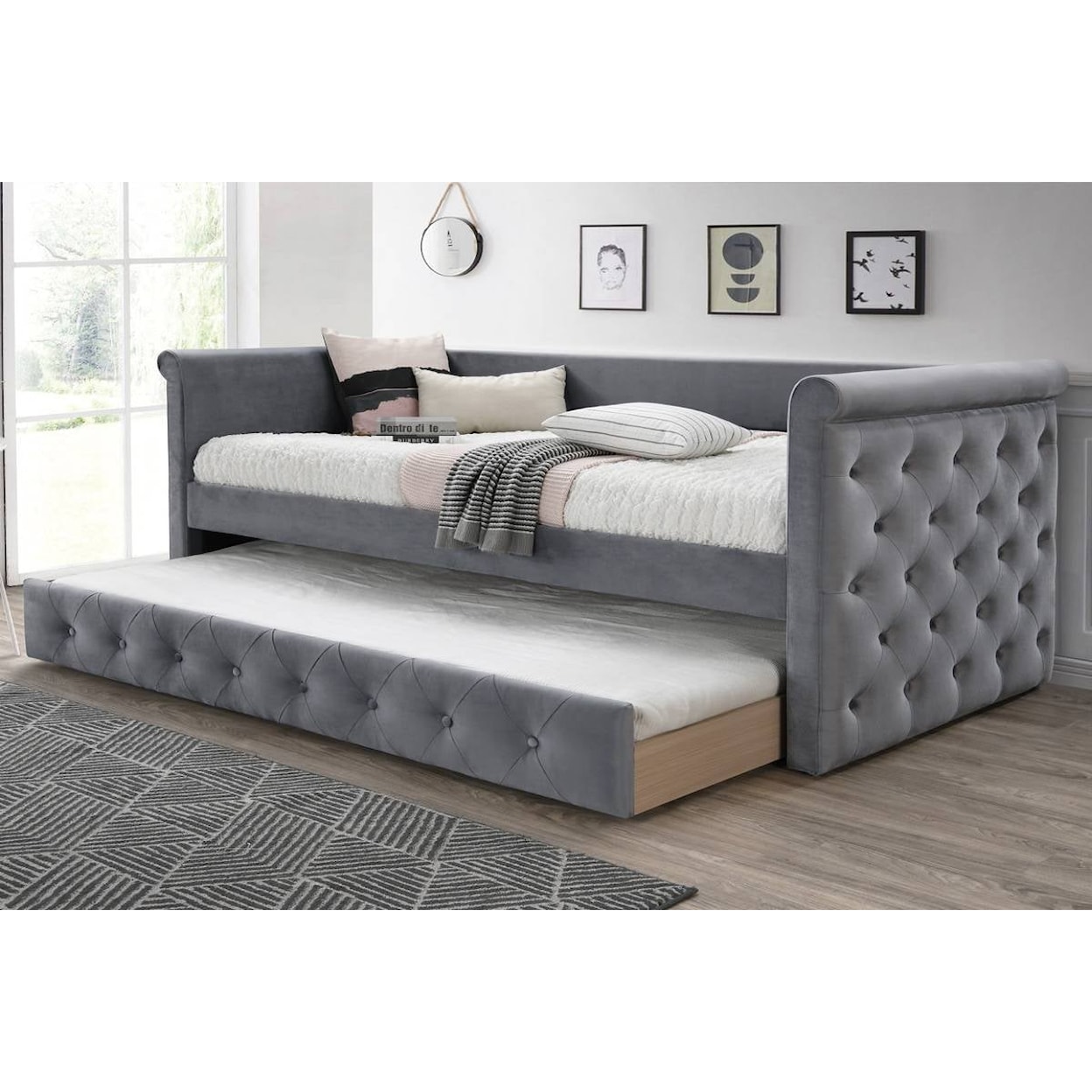 Poundex Tufted Grey Day Bed TUFTED GREY DAY BED W/ TRUNDLE |